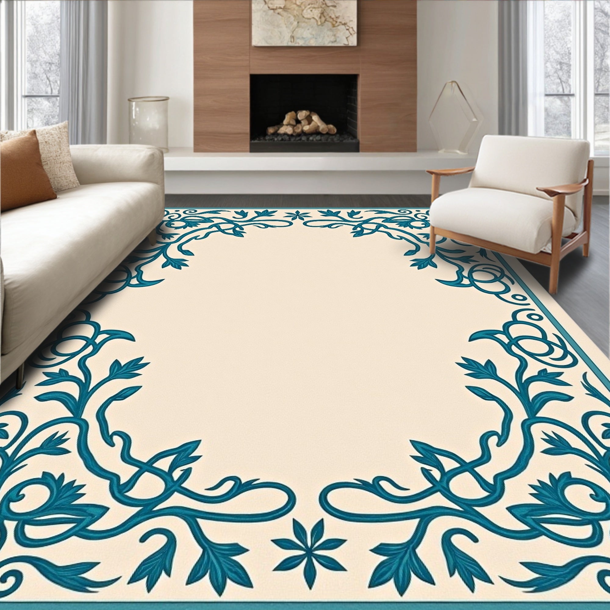 Teal Floral Scroll Border Rug