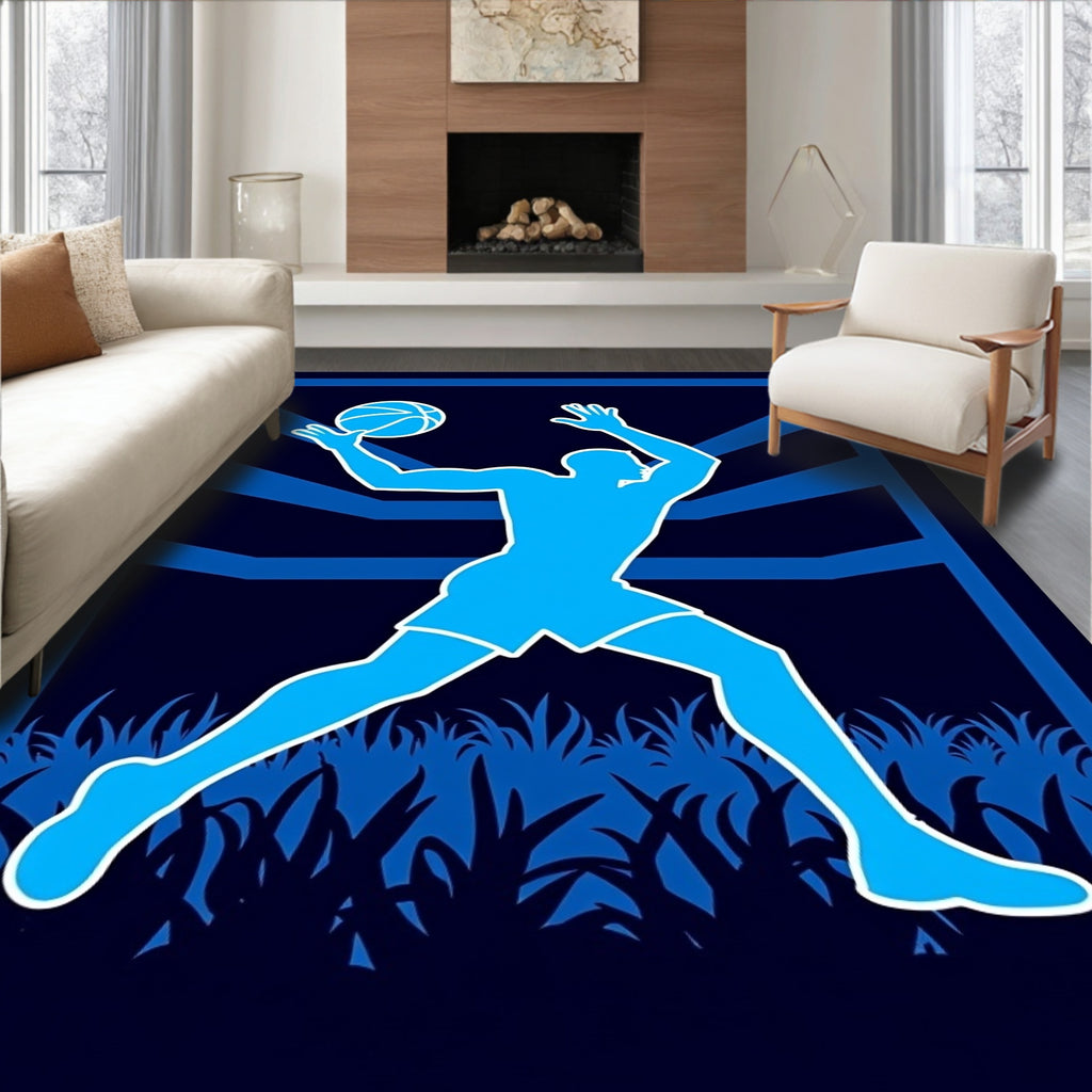 Dynamic Blue Basketball Player Silhouette Rug