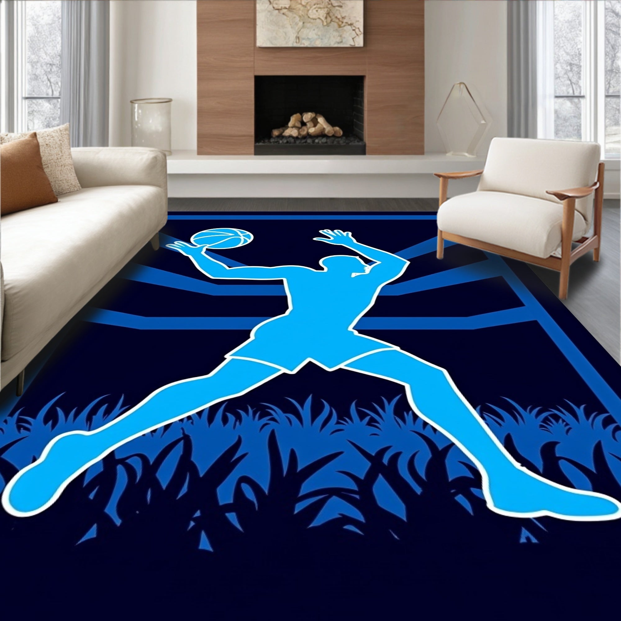 Dynamic Blue Basketball Player Silhouette Rug