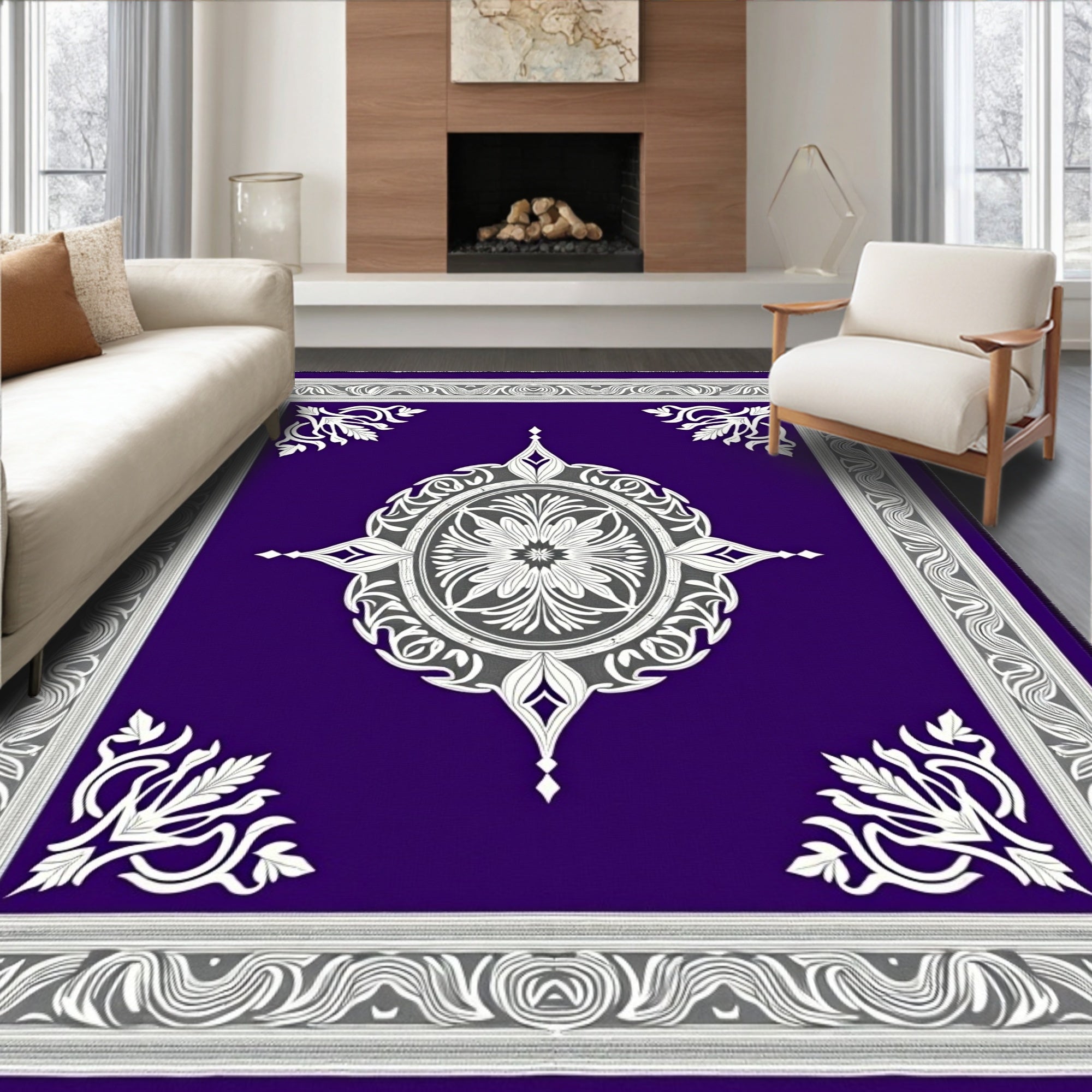 Royal Purple White Scroll Medallion Rug
