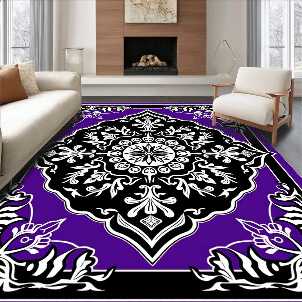 Vibrant Purple Black Floral Medallion Rug