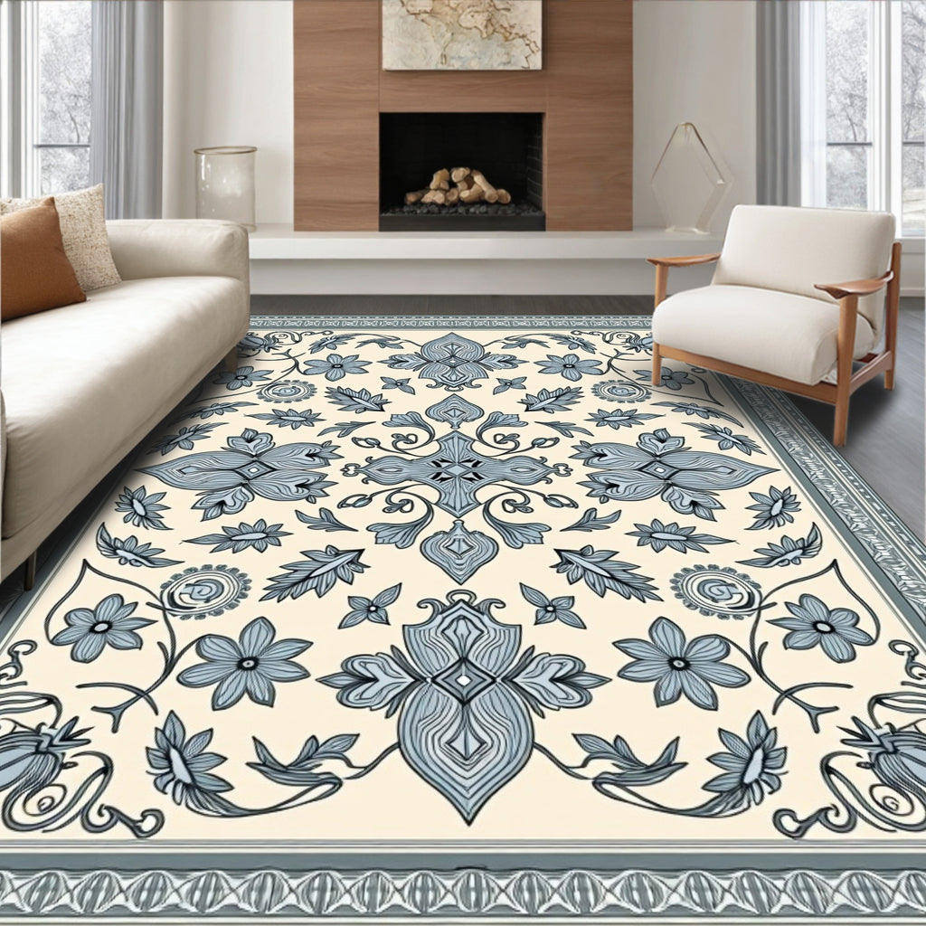 Pale Blue Floral Medallion Border Rug
