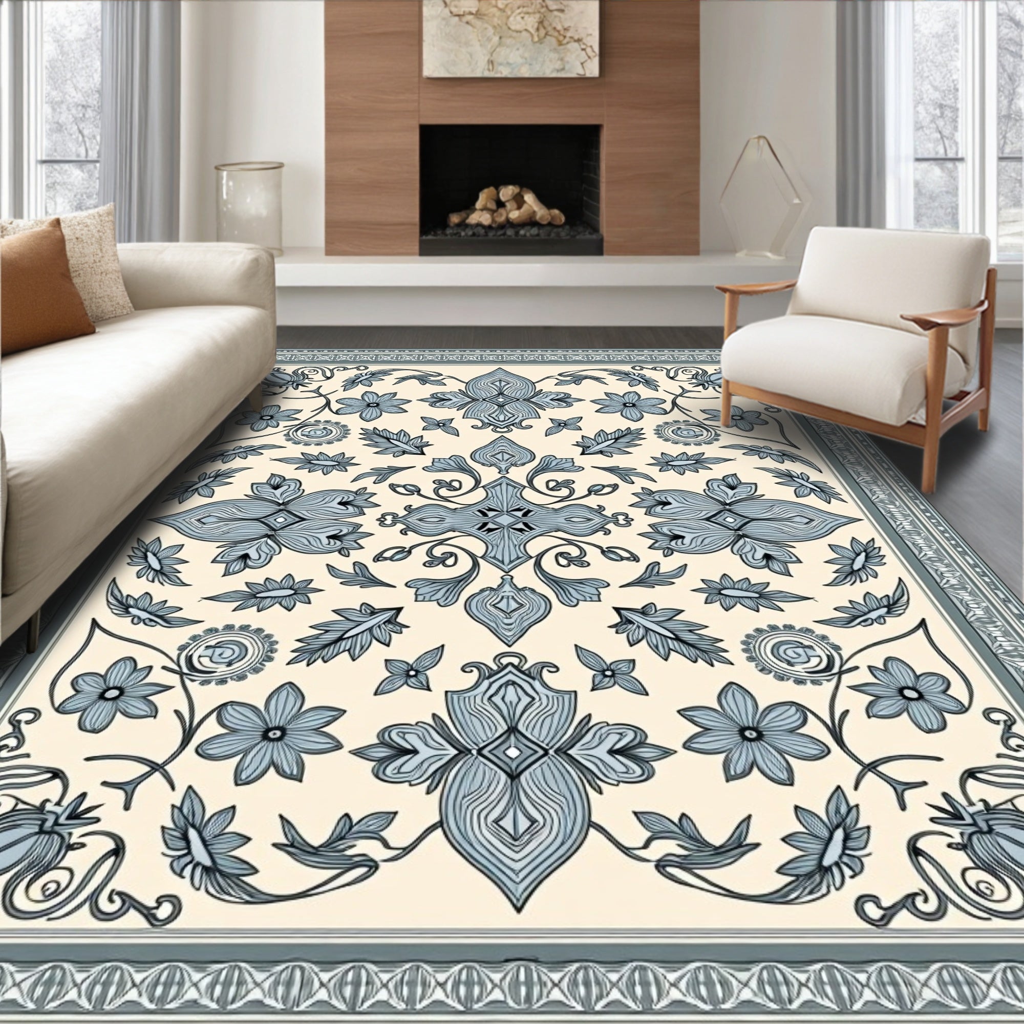Pale Blue Floral Medallion Border Rug