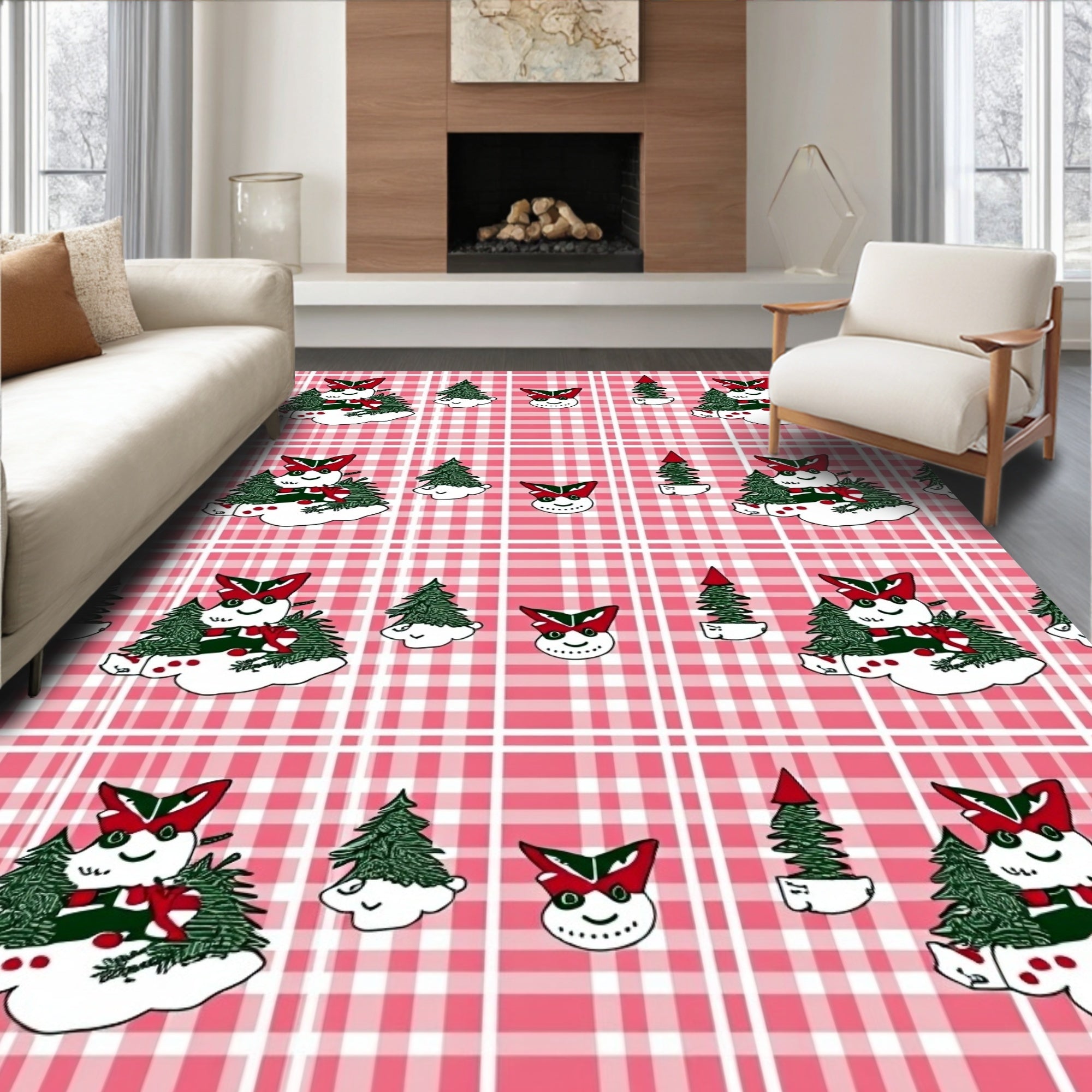 Whimsical Snowman Forest Plaid Rug