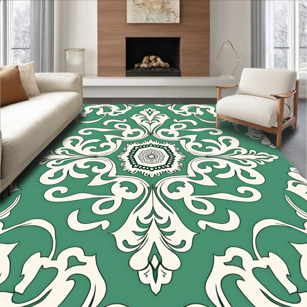 Teal Ivory Baroque Floral Medallion Rug