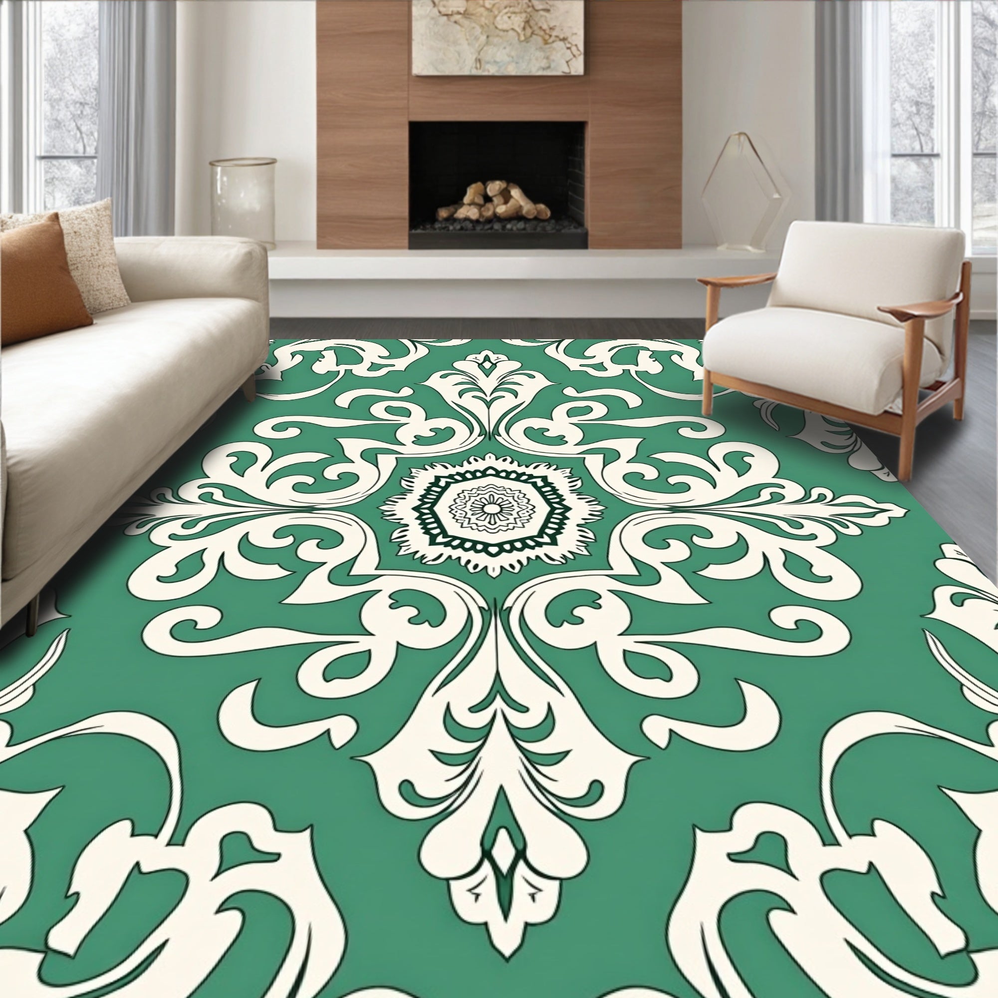 Teal Ivory Baroque Floral Medallion Rug