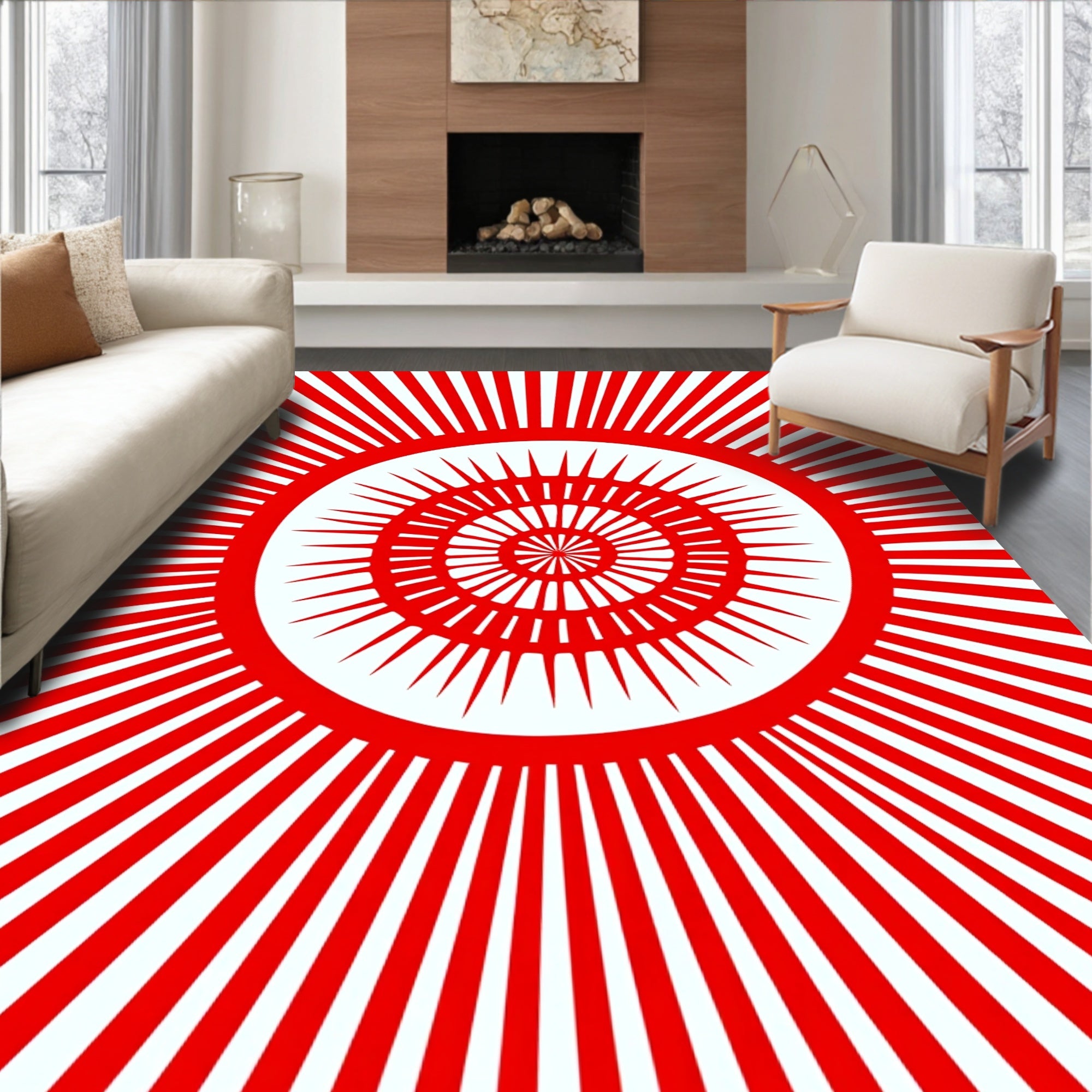 Radiant Red Sunburst Concentric Rug
