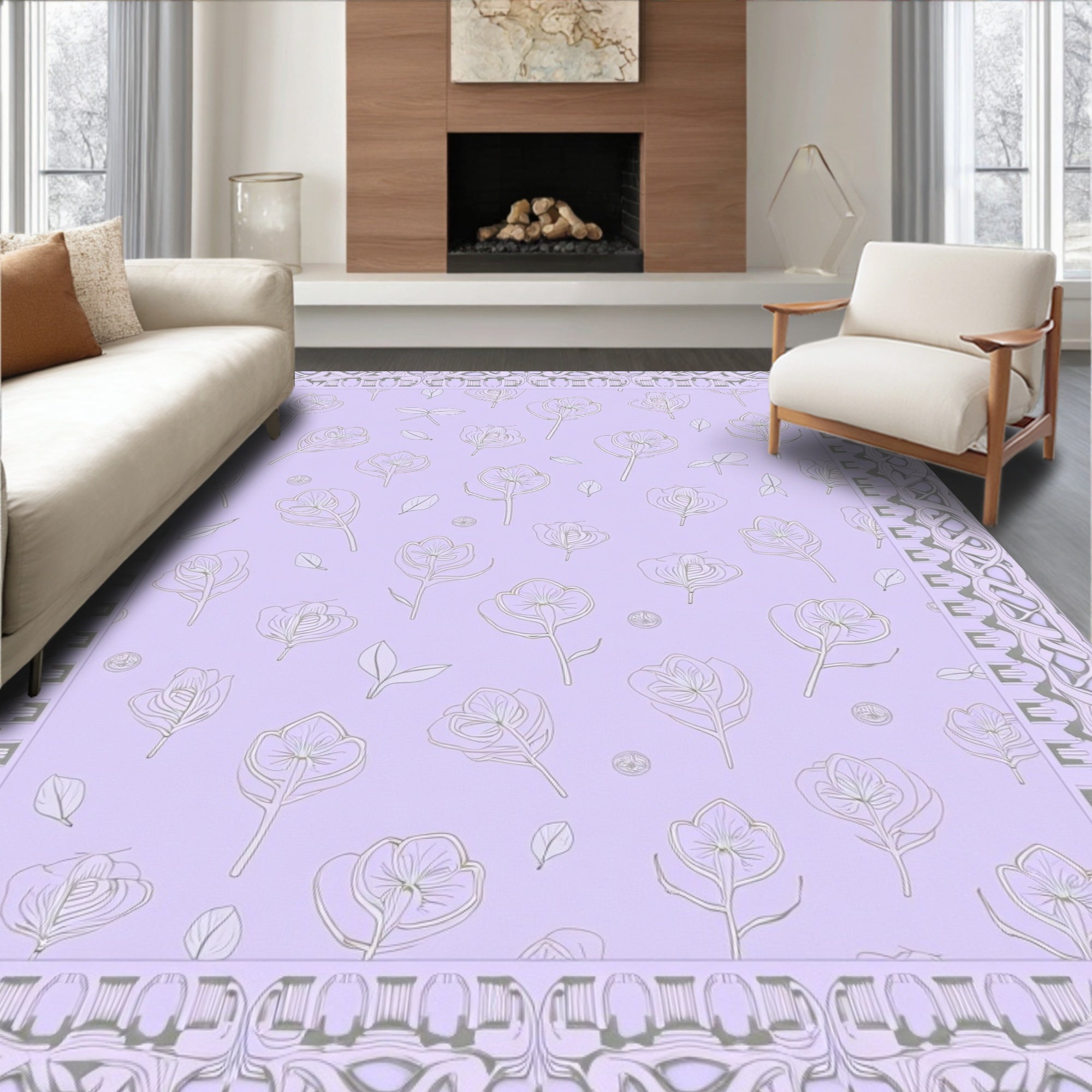 Lilac Purple Floral Outline Border Rug