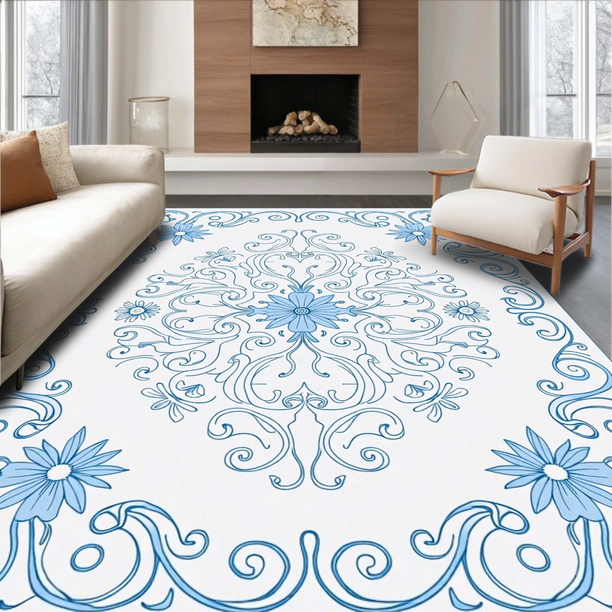 Blue Floral Swirl Medallion Rug