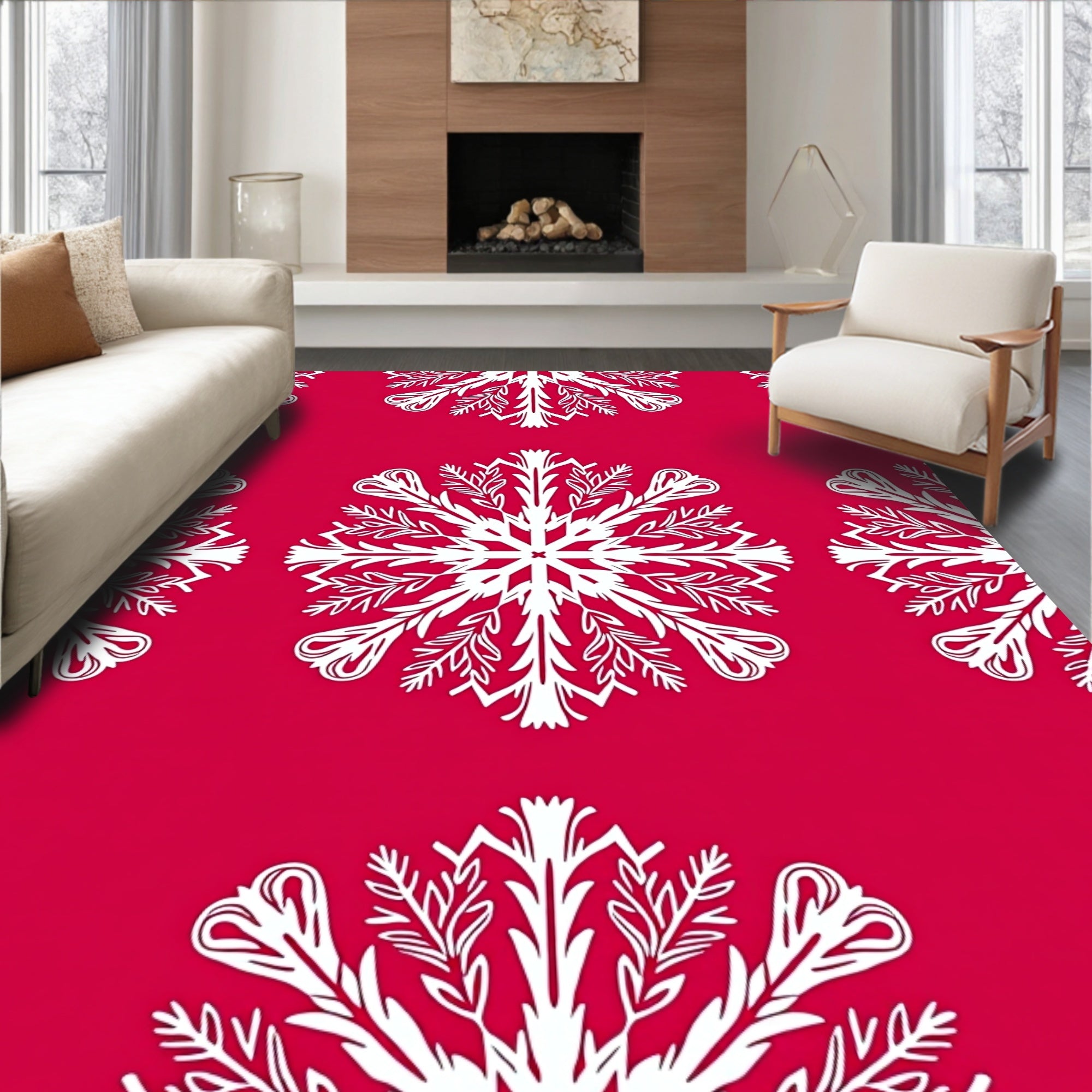 Crimson White Snowflake Mandala Rug