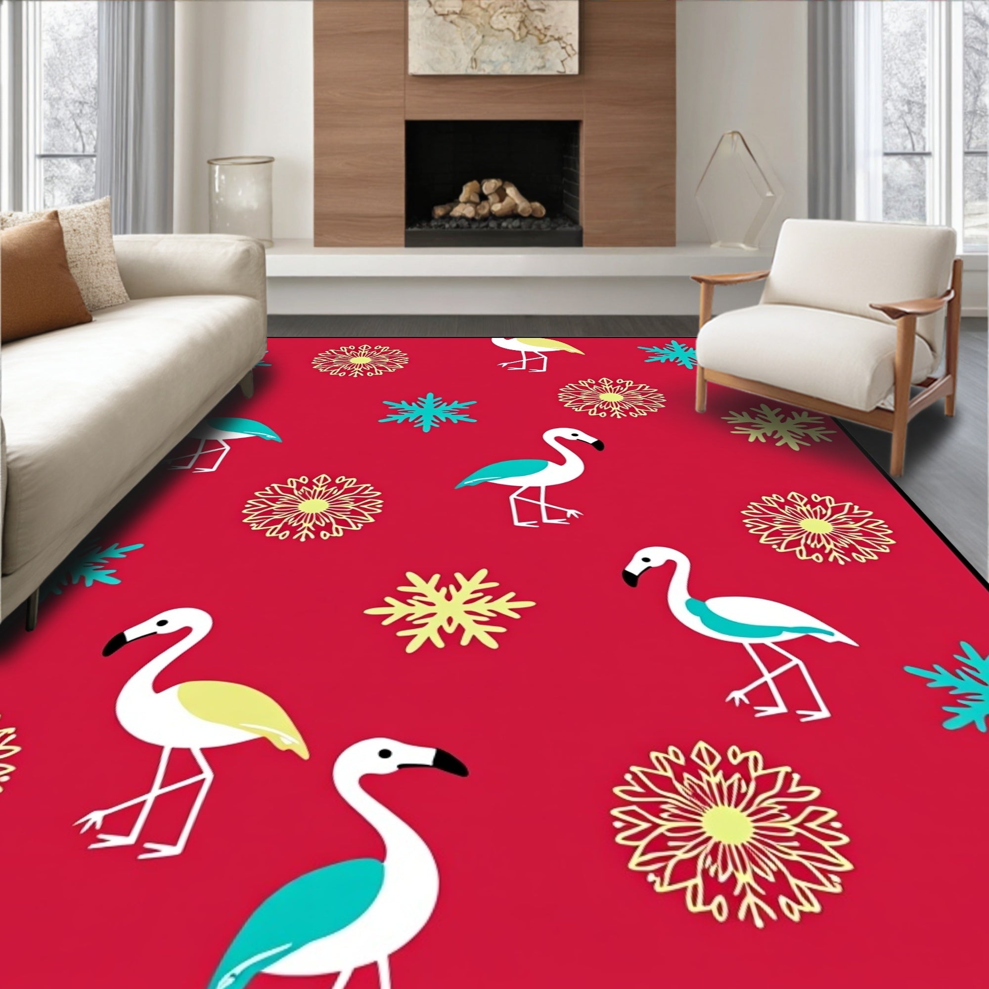 Red Flamingo Snowflake Medley Rug