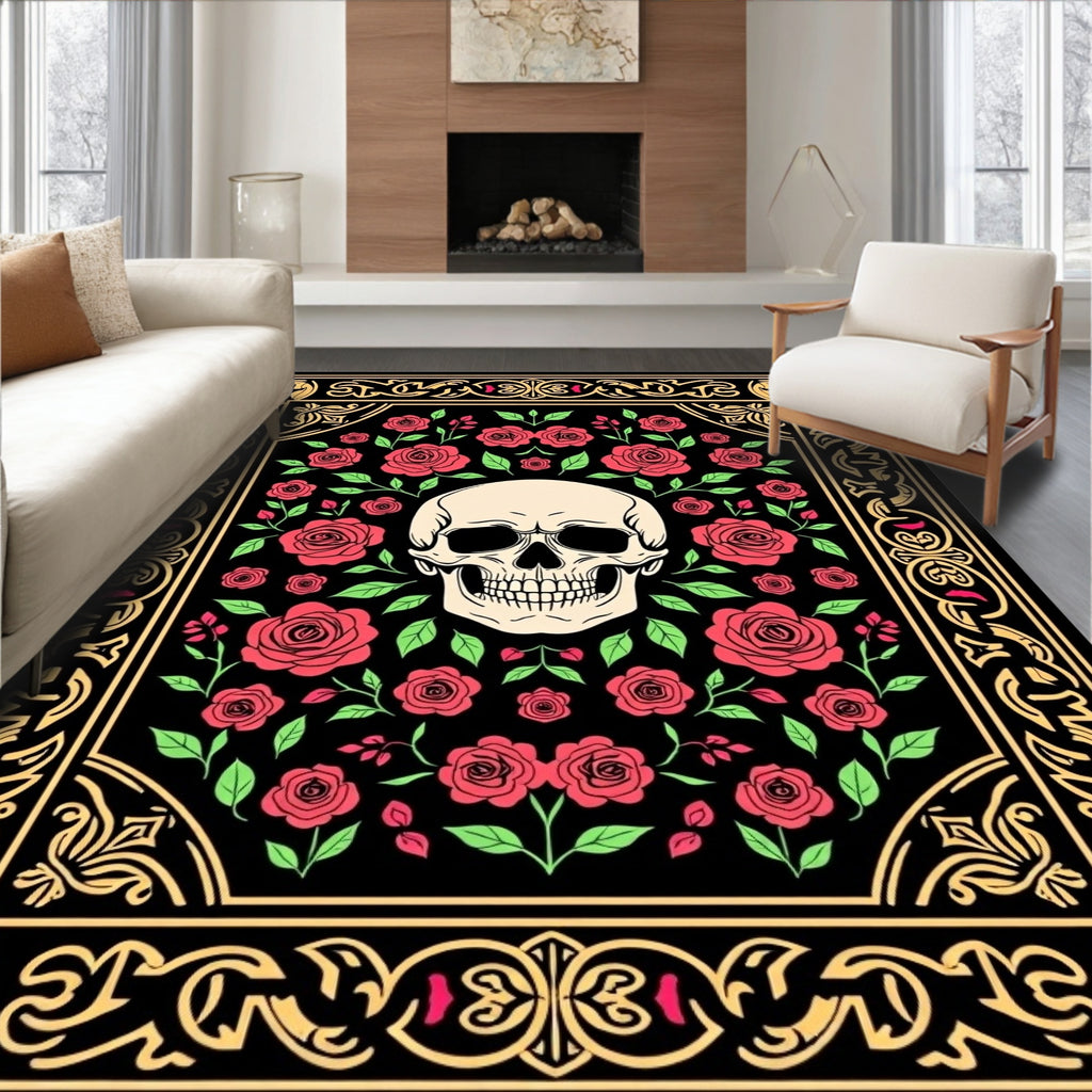 Gothic Skull Red Roses Black Frame Rug