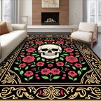 Gothic Skull Red Roses Black Frame Rug