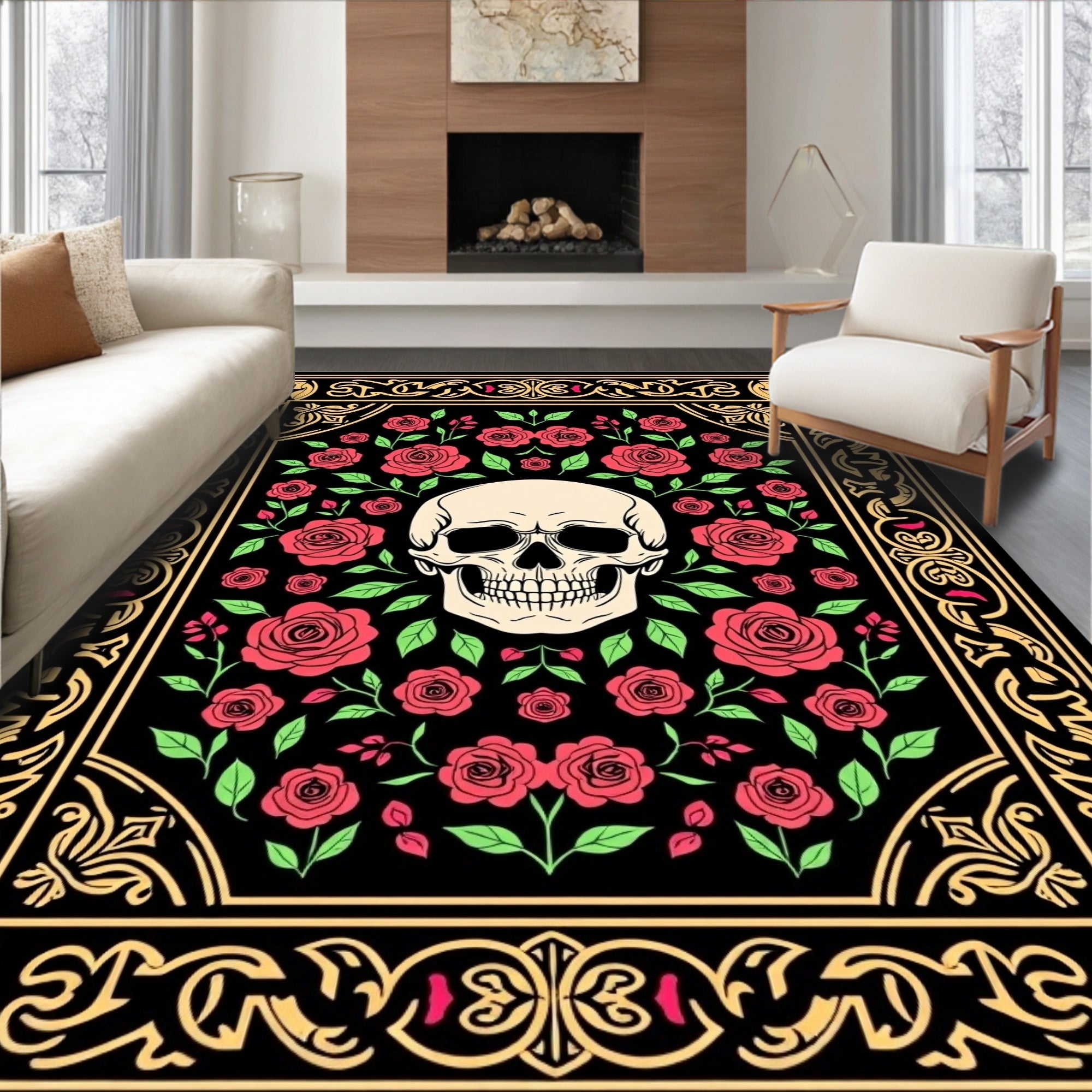 Gothic Skull Red Roses Black Frame Rug