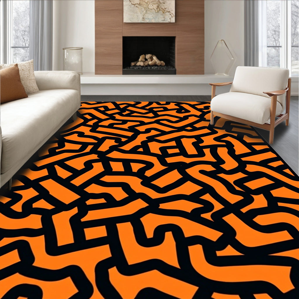 Bold Orange Black Abstract Maze Rug