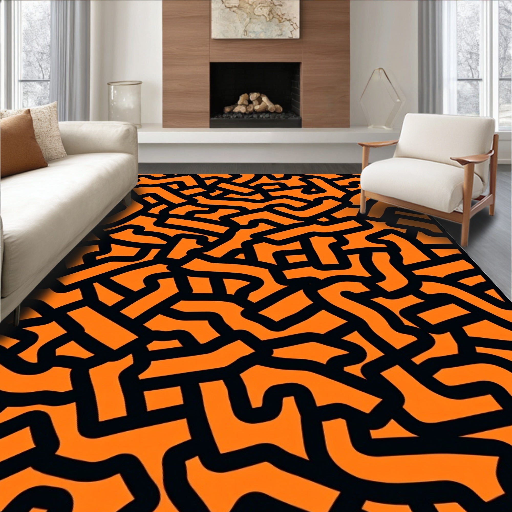 Bold Orange Black Abstract Maze Rug