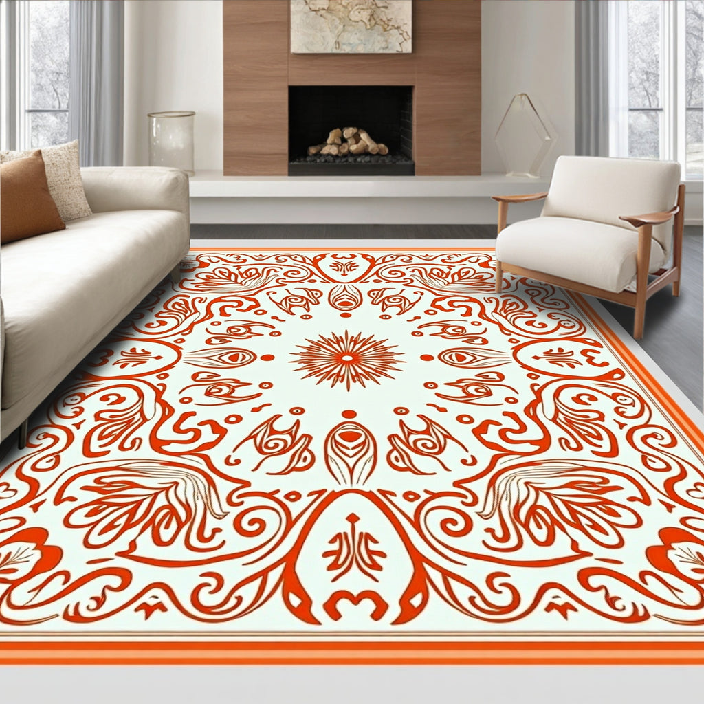 Vibrant Orange Floral Swirls Rug