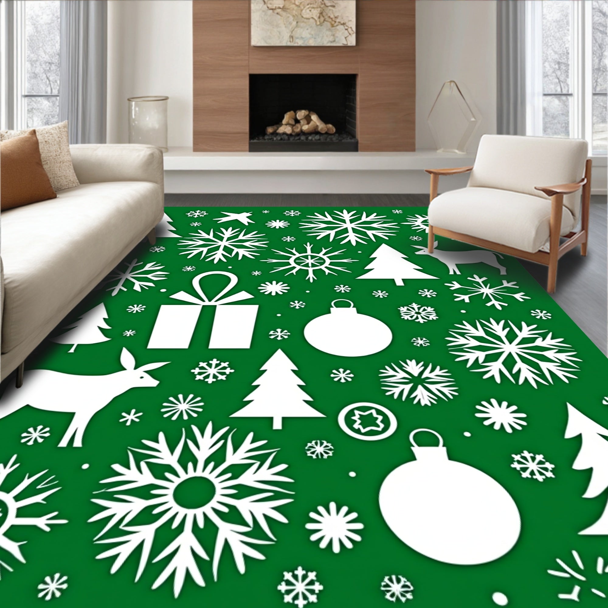 Winter Holiday Icons Green White Collection Rug