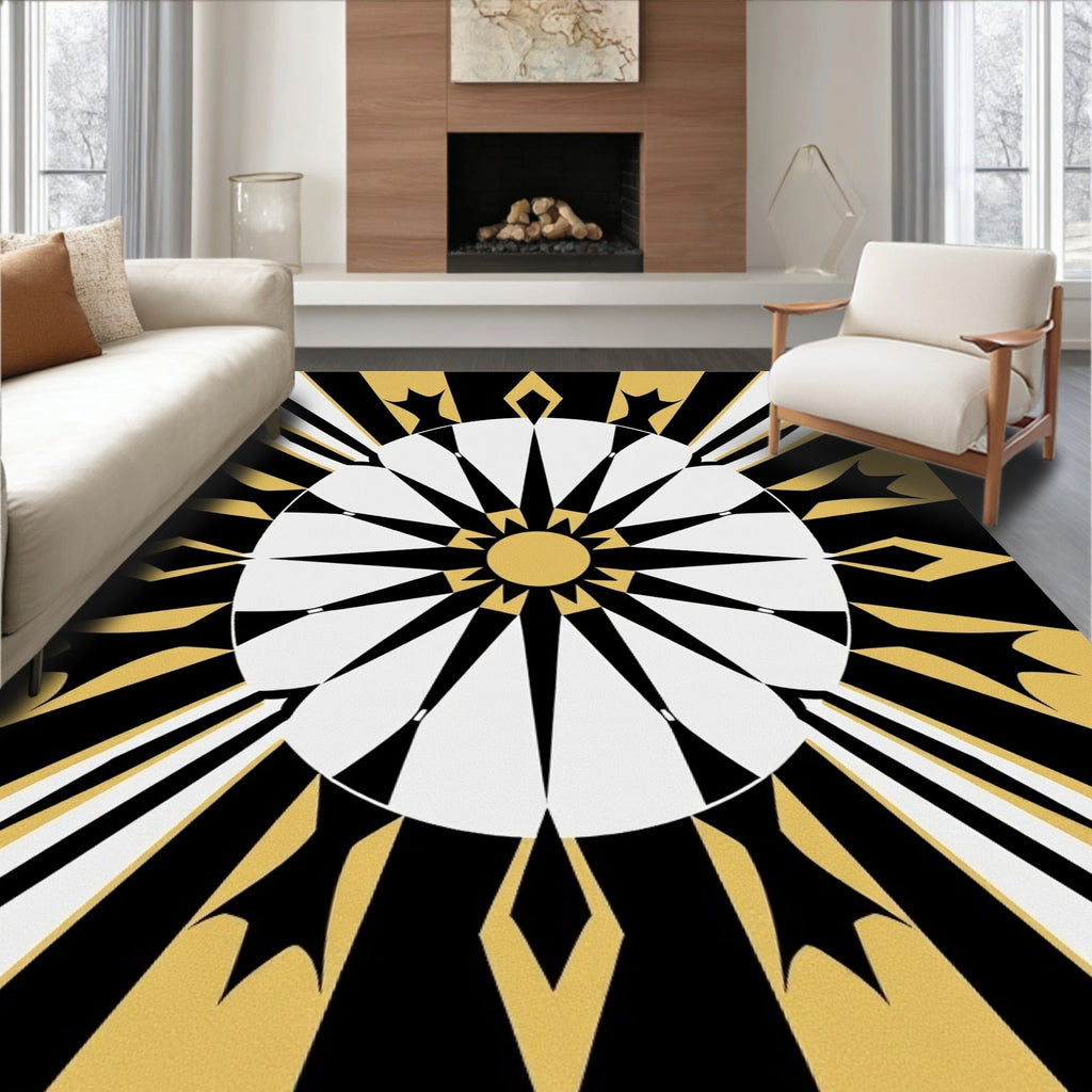 Golden Black White Sunburst Medallion Rug