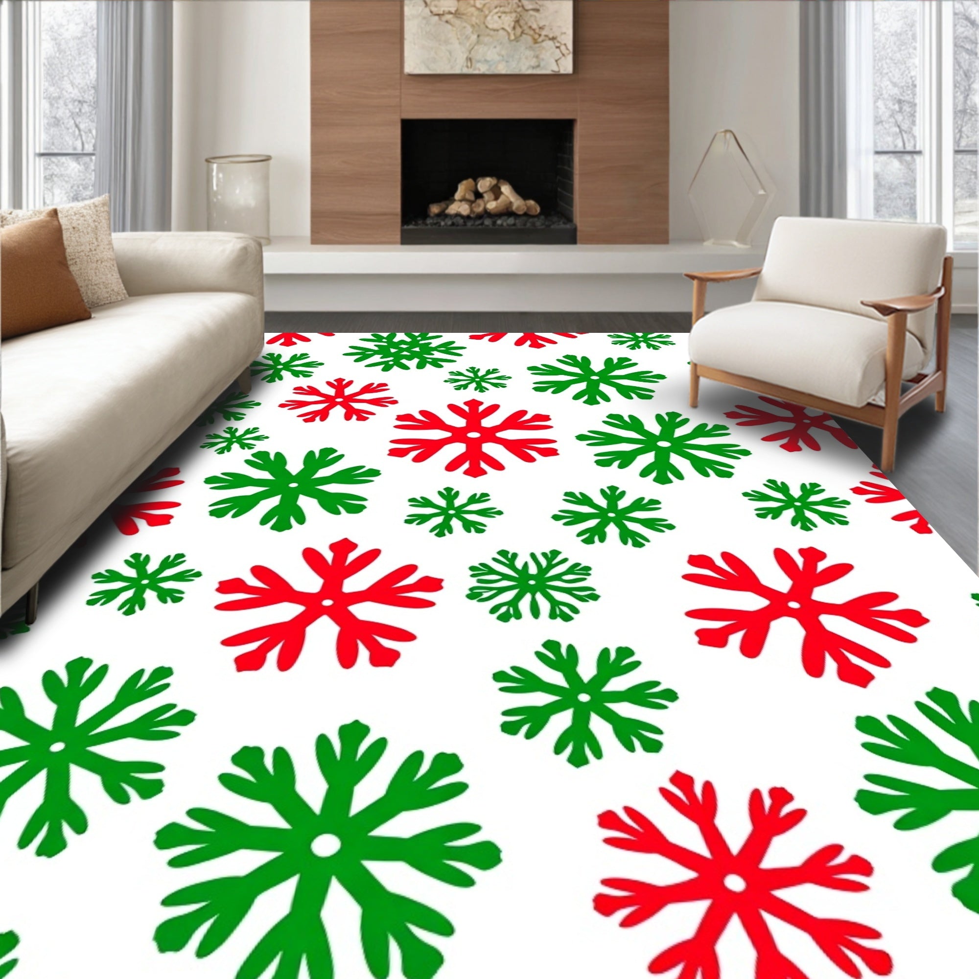 Red Green Snowflakes Scattered Festive Rug