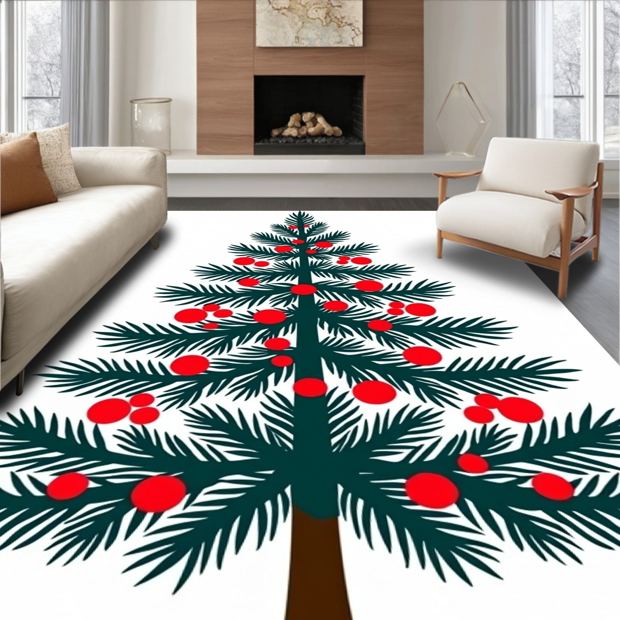 Festive Evergreen Red Orb Accents Rug