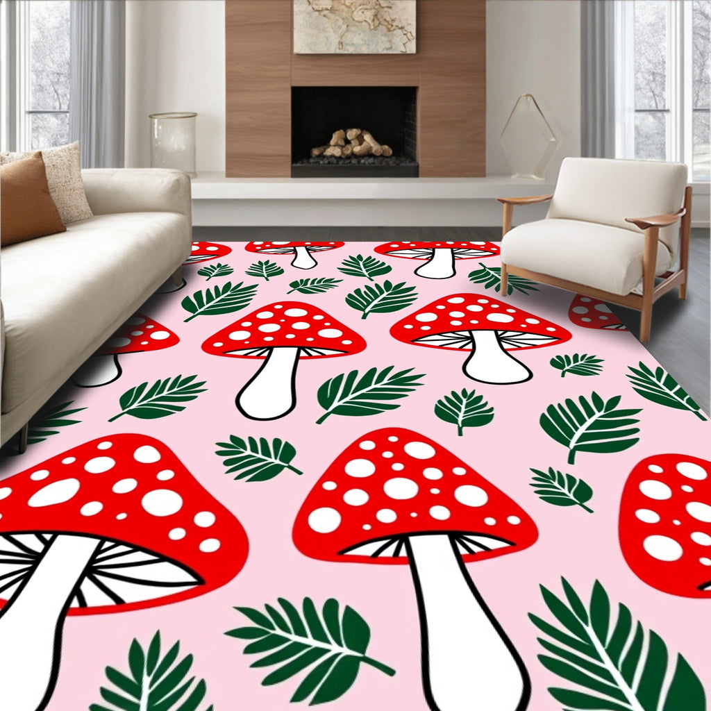 Red White Spot Mushroom Fern Garden Rug