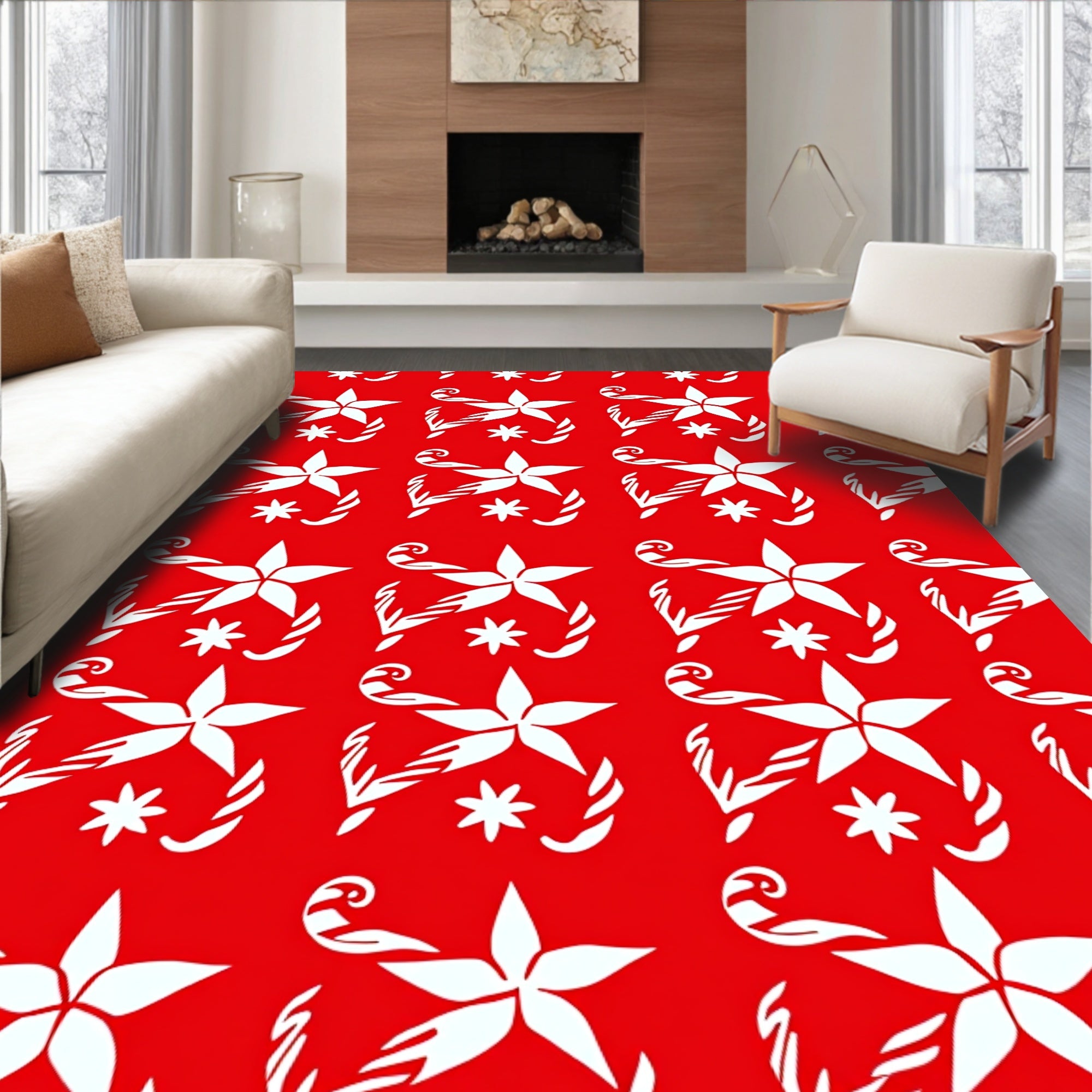 White Star Candy Cane Festive Holidays Red Rug