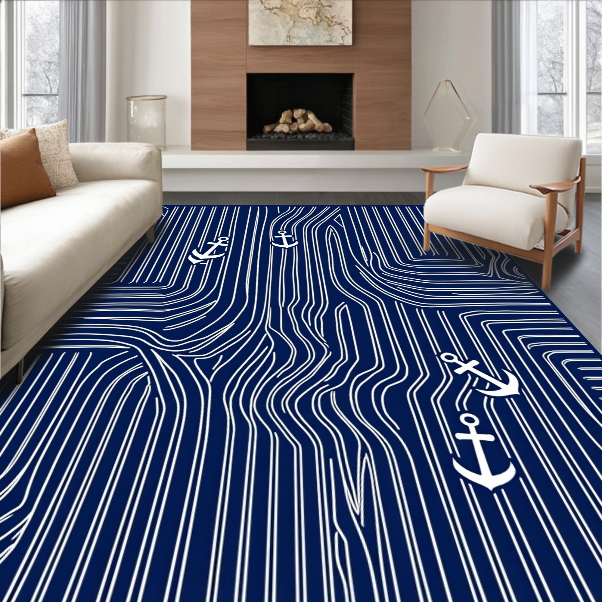 Navy White Anchor Nautical Lines Rug