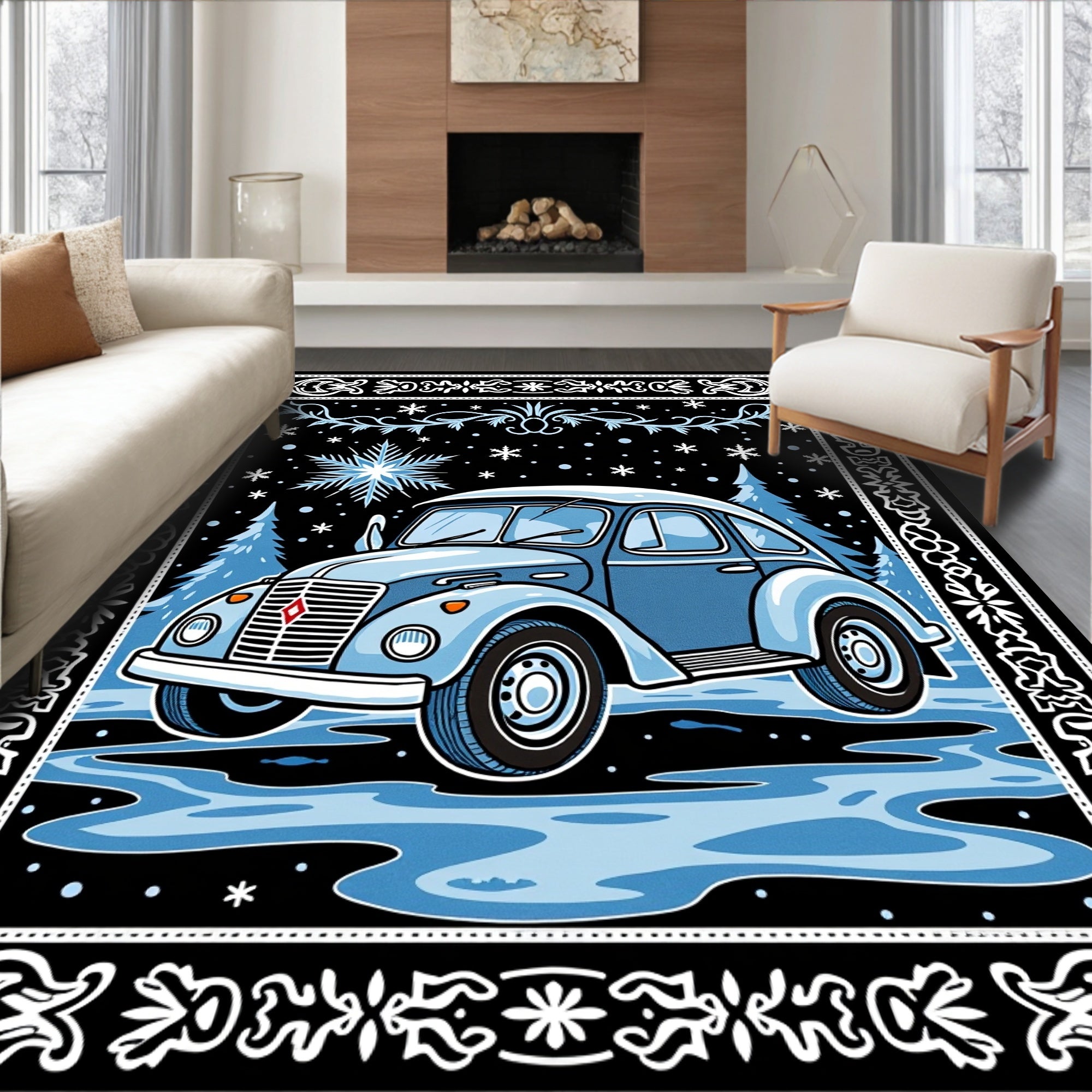 Vintage Blue Snowscape Car Rug