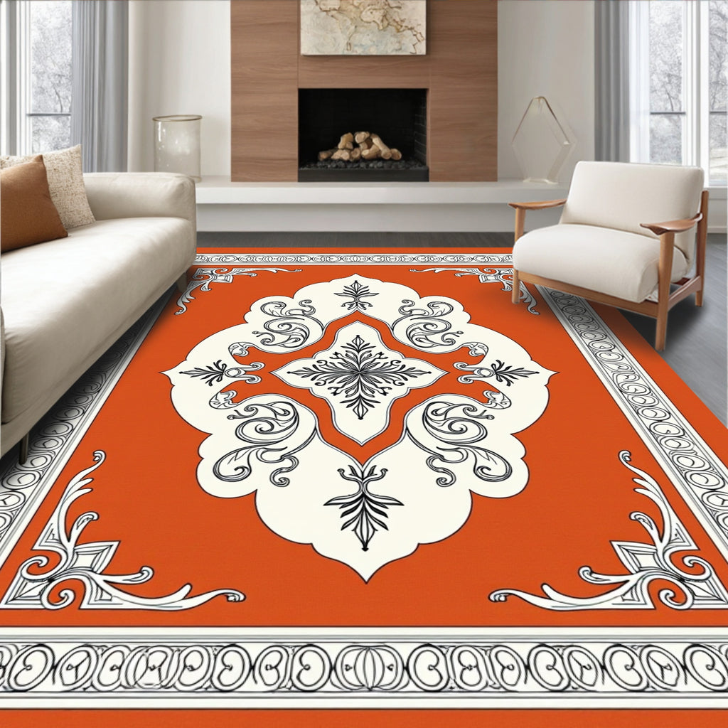 Vibrant Orange White Scroll Medallion Rug