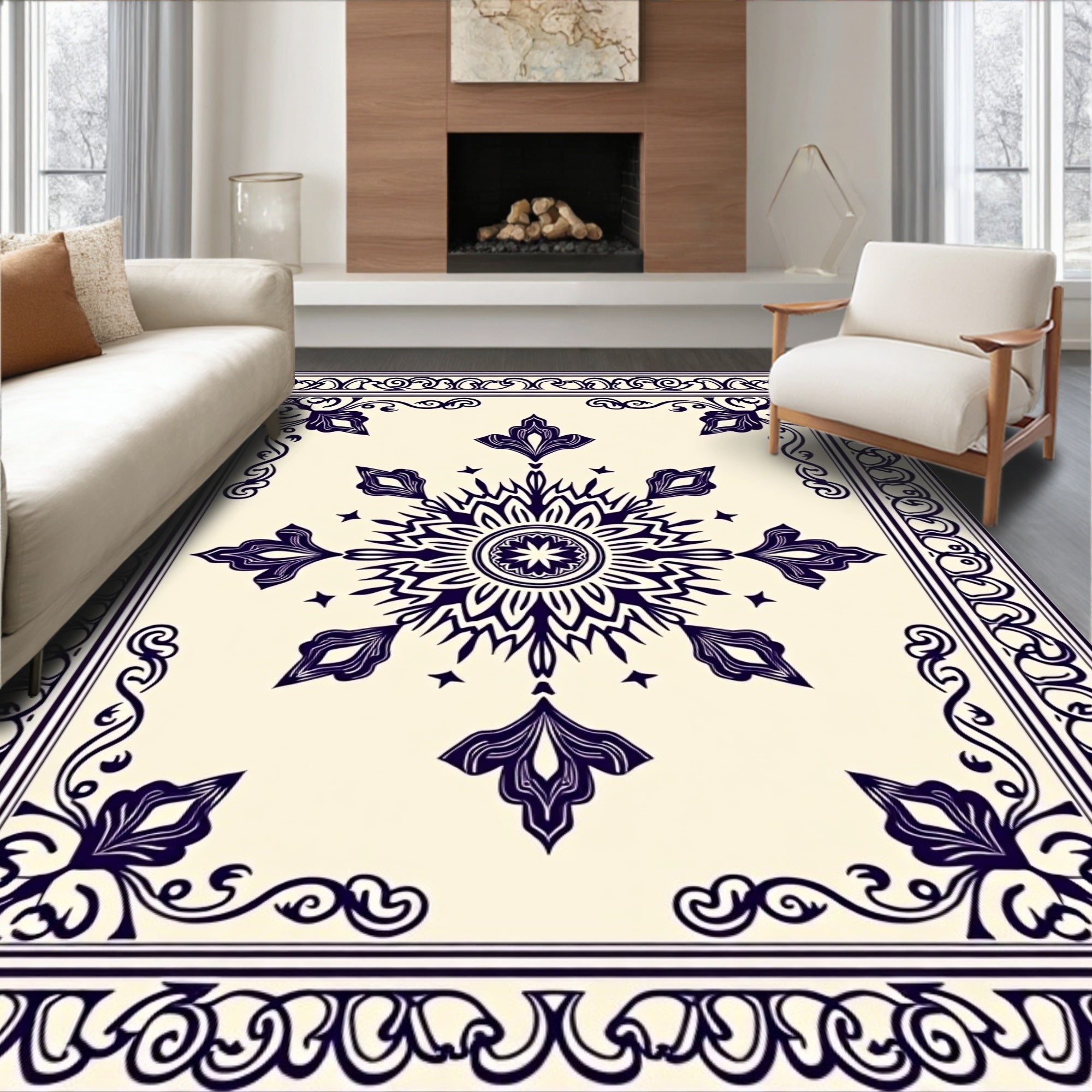 Ivory Navy Ornate Floral Medallion Rug