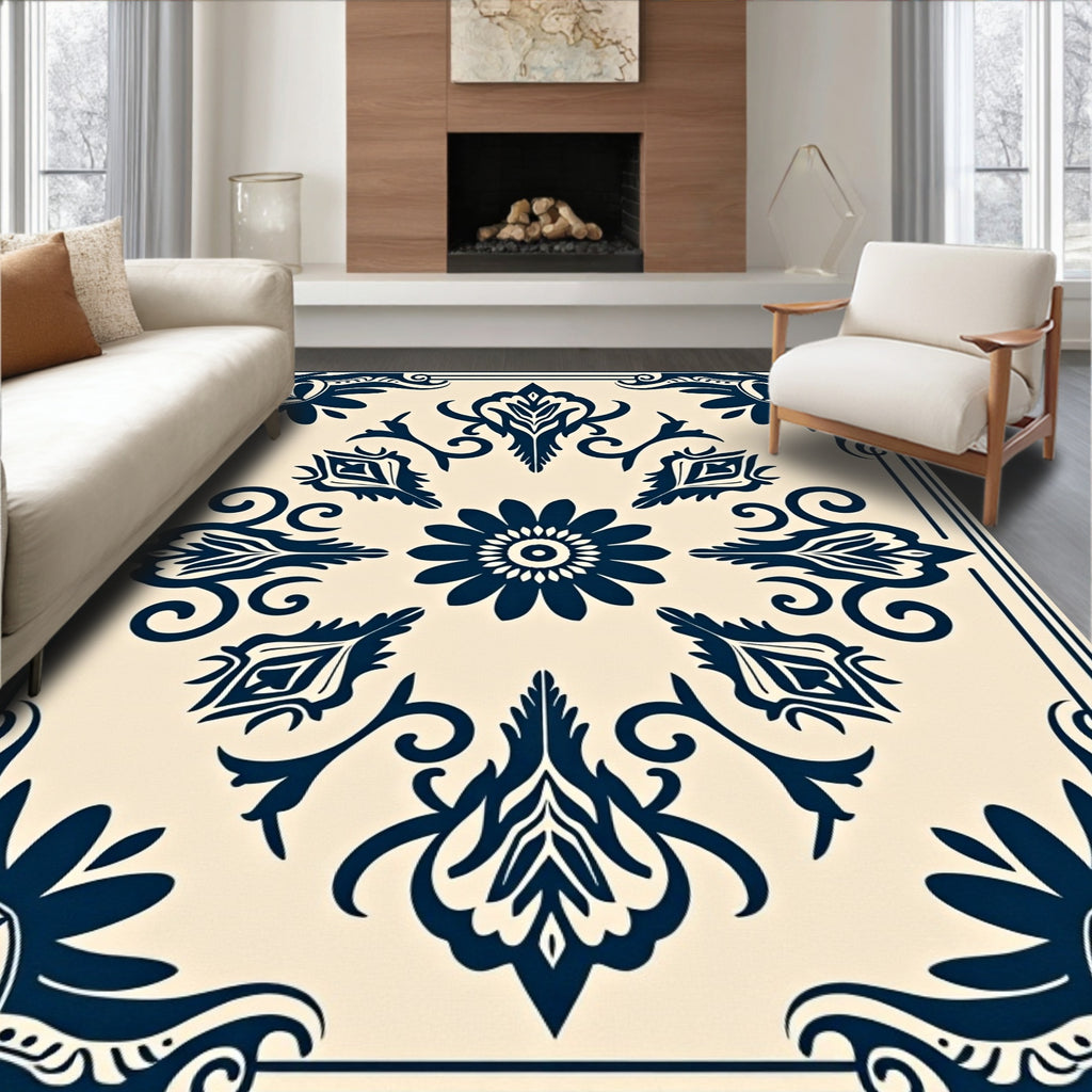 Navy Floral Medallion Cream Border Rug