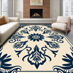 Navy Floral Medallion Cream Border Rug