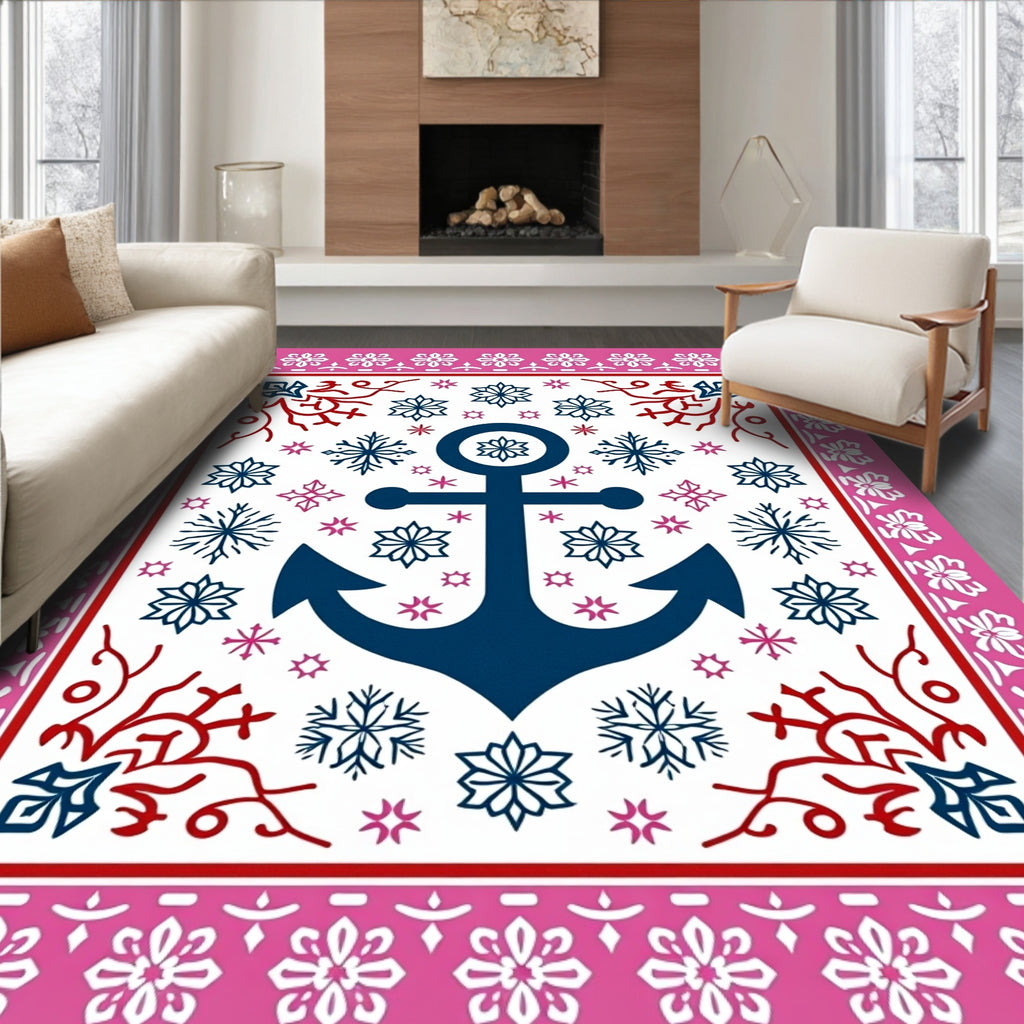 Navy Anchor Pink Floral Border Rug