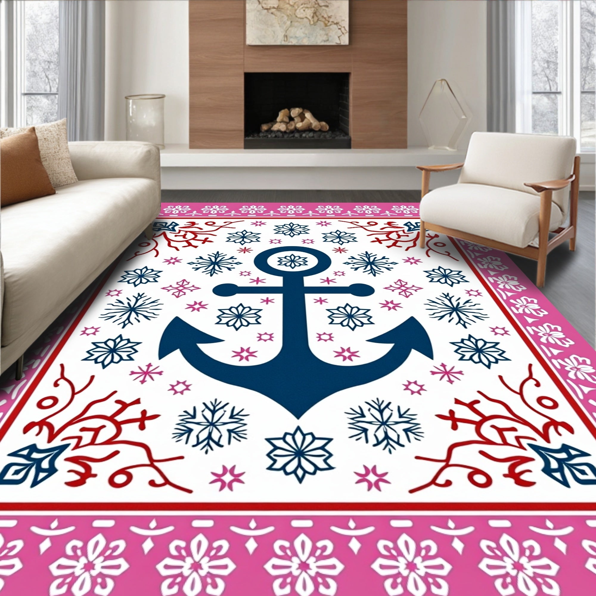 Navy Anchor Pink Floral Border Rug