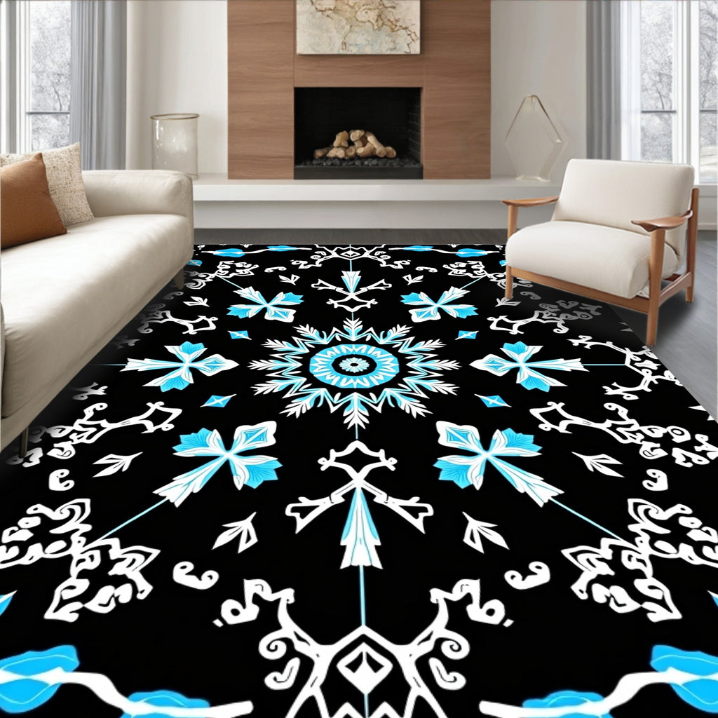Black Teal White Floral Medallion Mandala Rug