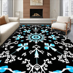 Black Teal White Floral Medallion Mandala Rug