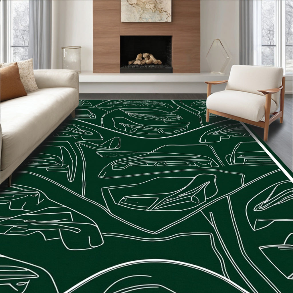 Dark Green Automotive Line Art Rug