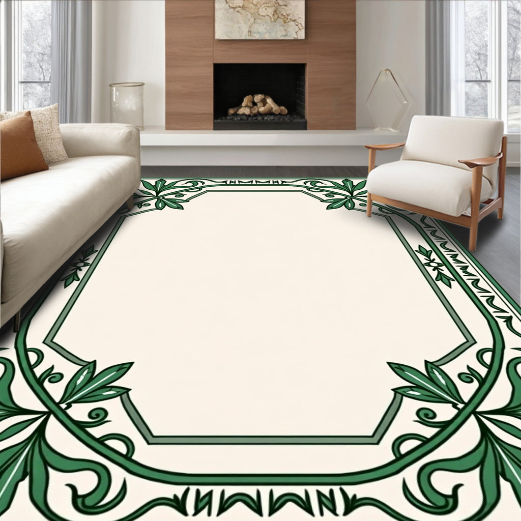 Green Leaf Art Nouveau Medallion Border Rug