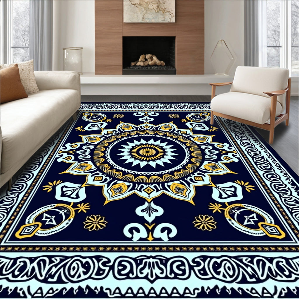 Navy Blue Golden Sunburst Mandala Rug