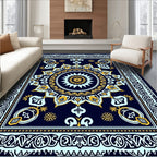 Navy Blue Golden Sunburst Mandala Rug
