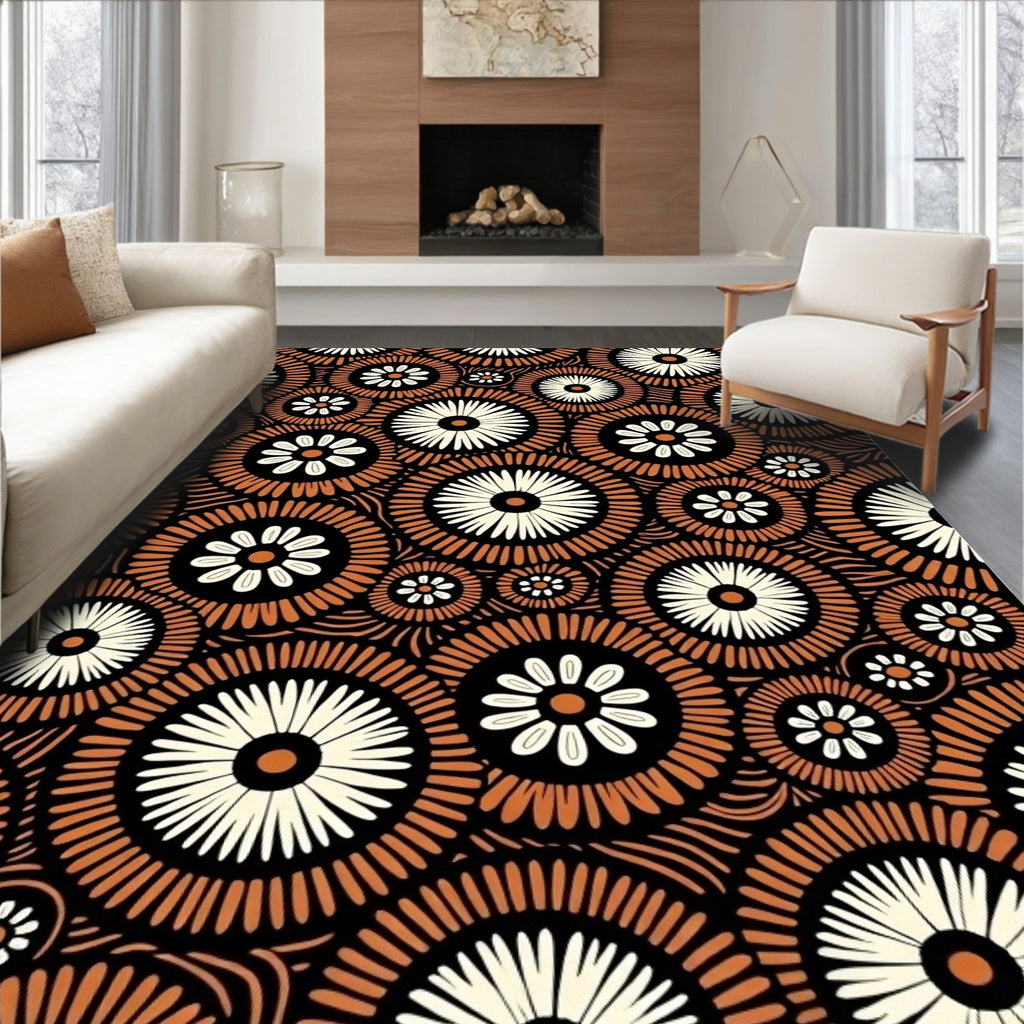 Rustic Orange Cream Floral Burst Rug