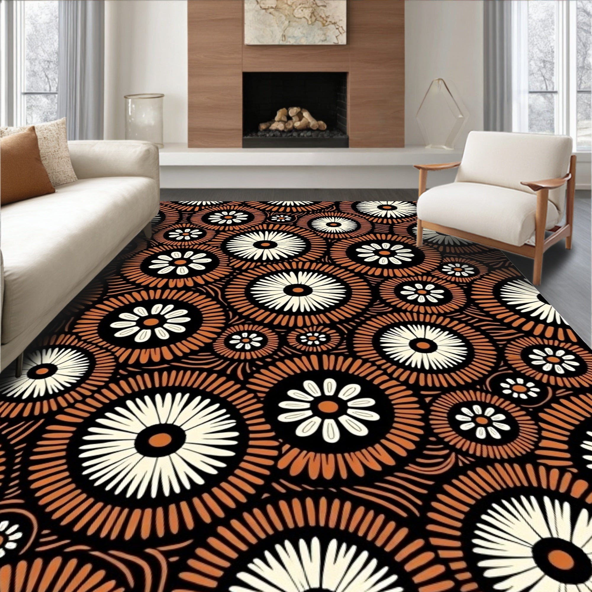 Rustic Orange Cream Floral Burst Rug
