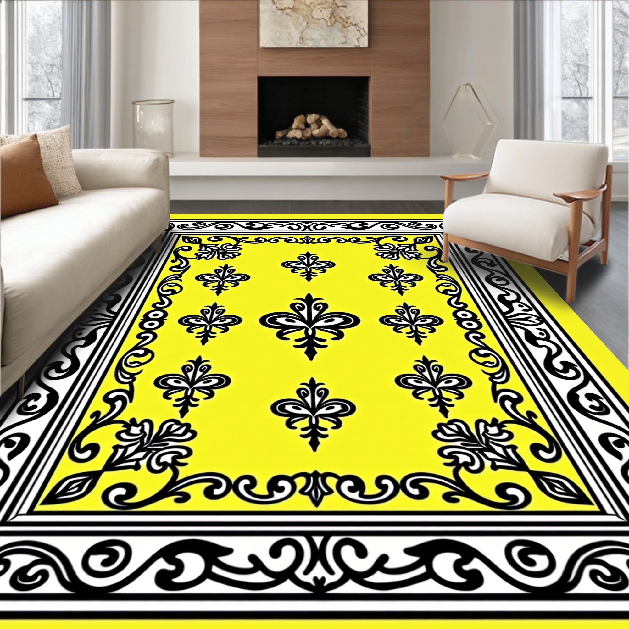 Vivid Yellow Black Floral Frame Rug
