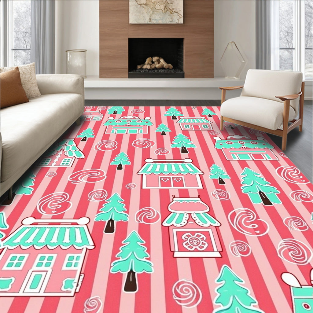 Whimsical Pink Turquoise Village Scene Rug