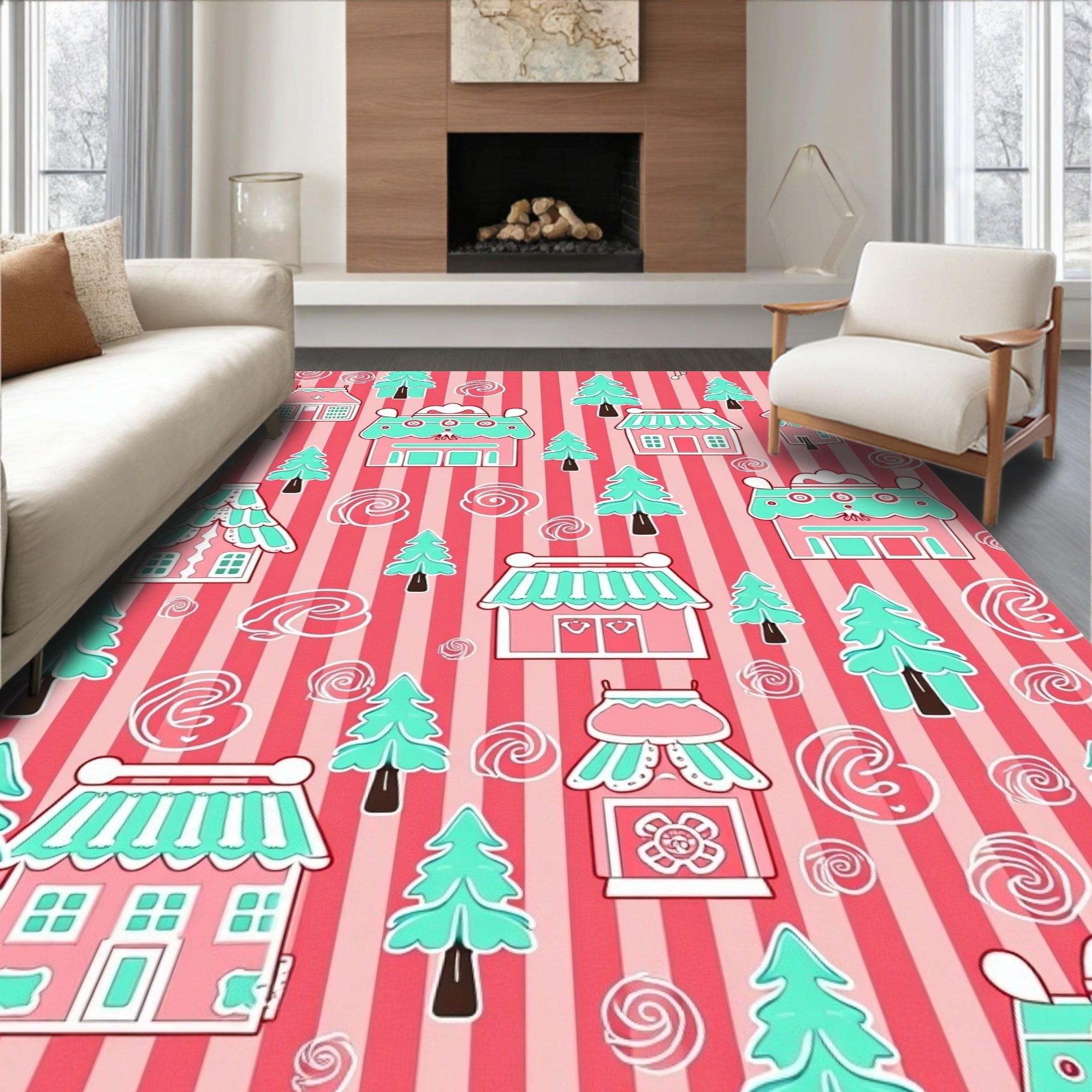 Whimsical Pink Turquoise Village Scene Rug