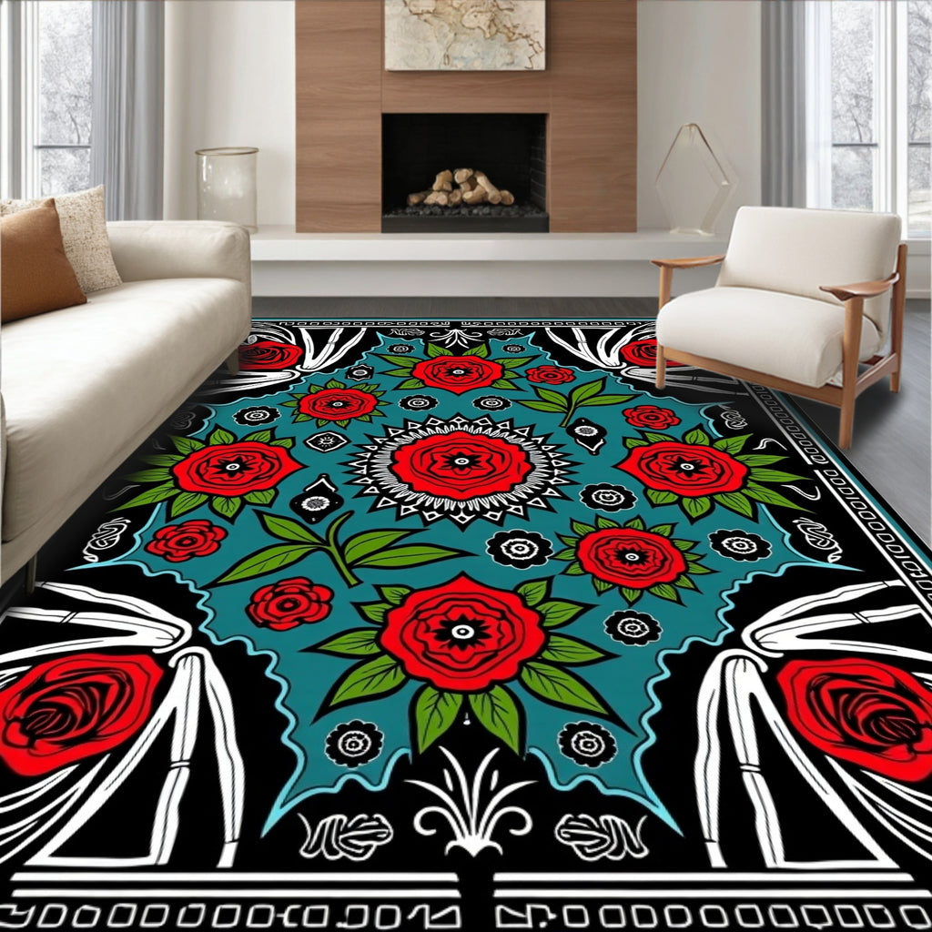 Bold Red Rose Floral Teal Rug