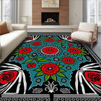 Bold Red Rose Floral Teal Rug
