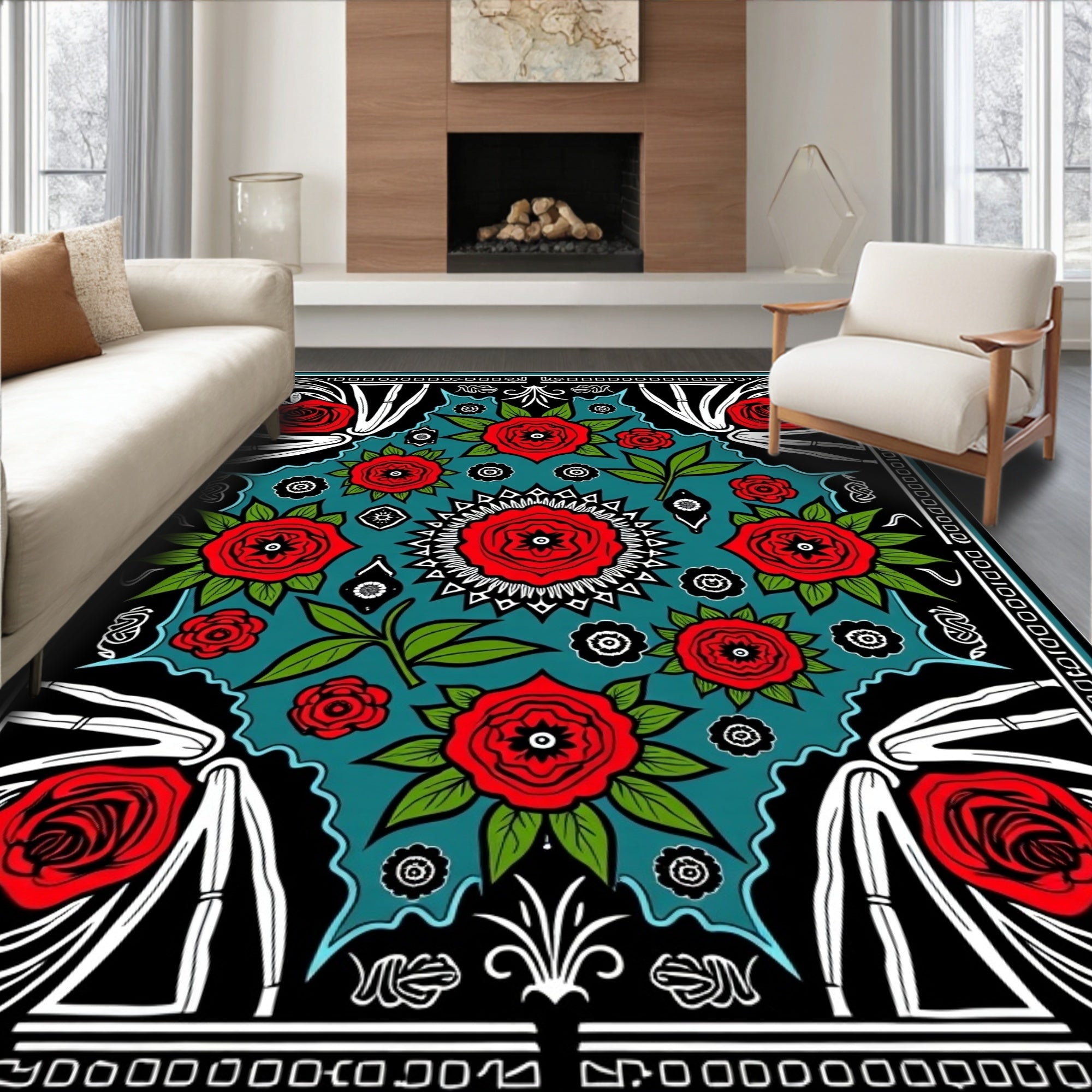 Bold Red Rose Floral Teal Rug