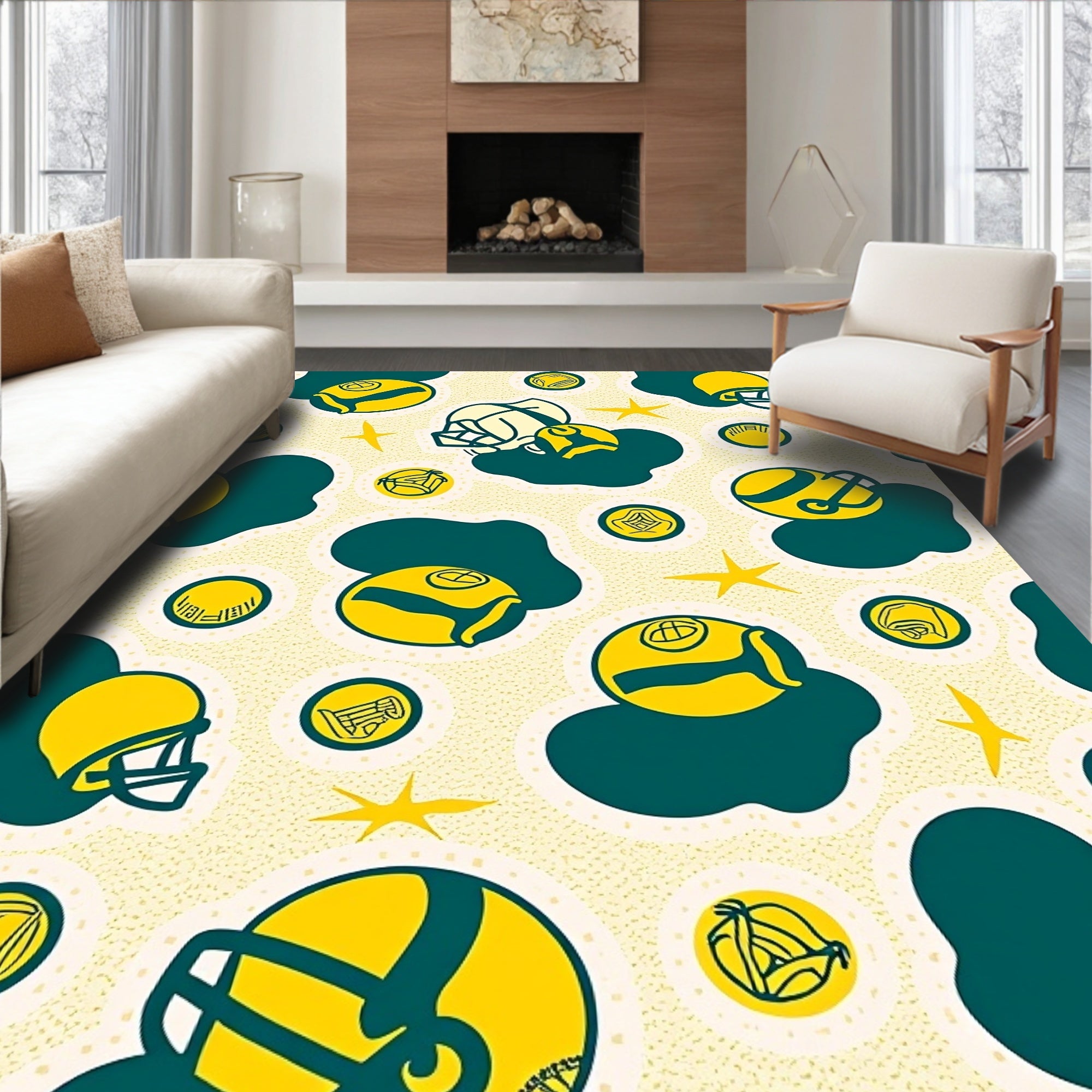 Yellow Football Helmets Green Blobs Rug